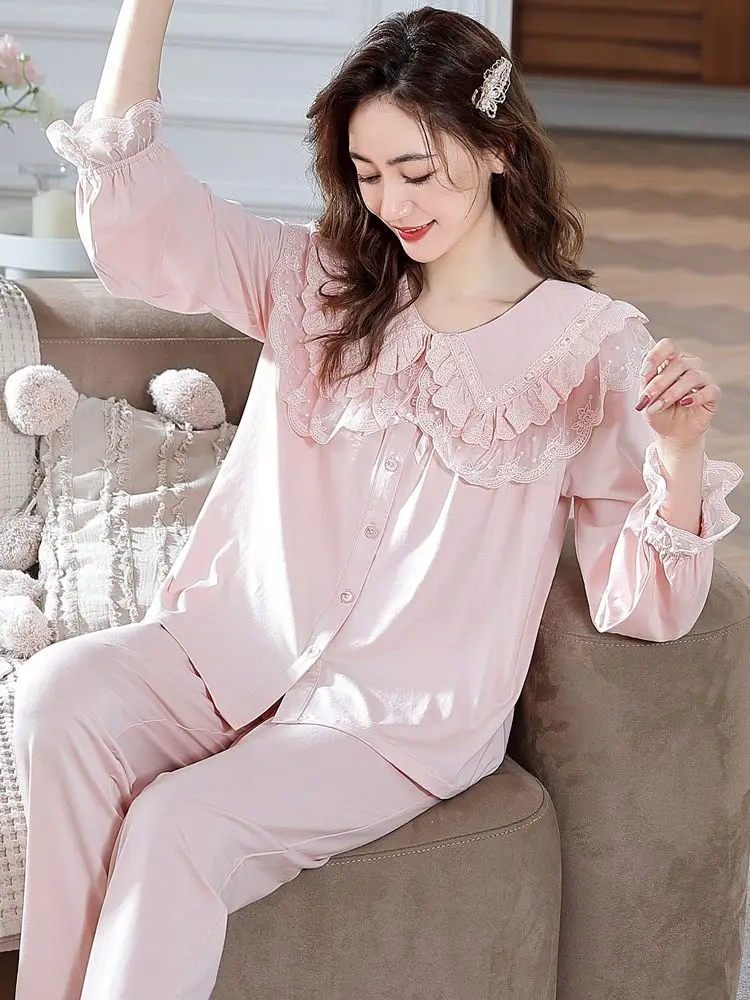 

New Women Sleepwear Set Modal for Women for Home Spring Autumn Long Sleeve Thin Princess Style Lace Lapel Cardigan Soft Homewear