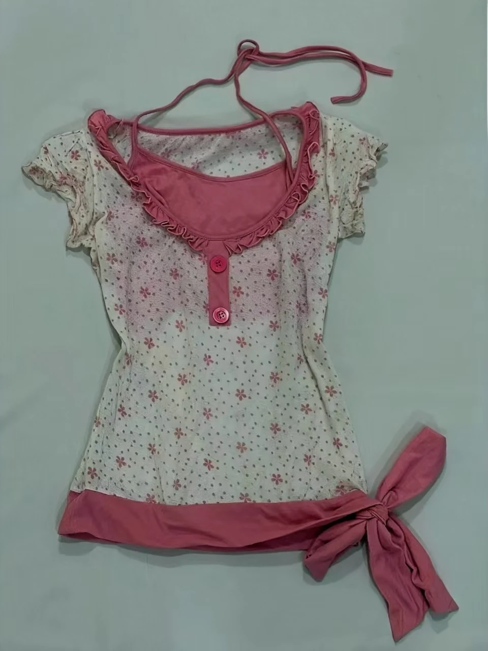 Y2K Sweet Spicy Girl Early Taste Floral Print Hanging Ne Belted Fake Two-Piece ort Sve T-irt Thin Transparent Cover ...