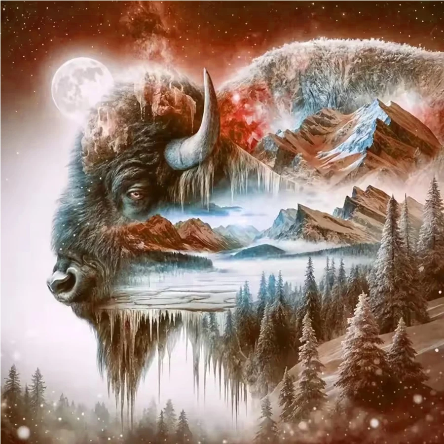 Выкройка крупного рогатого скота DIY алмазная живопись корова животное 5D полная дрель буйвол луна горный пейзаж Алмазная мозаика искусство декоративное ремесло