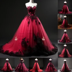 Rose Red and Black Lace Applique Strapless Ball Gown Lace Up Full Length Evening Formal Party Prom Dress Hand Made Custom W2-4