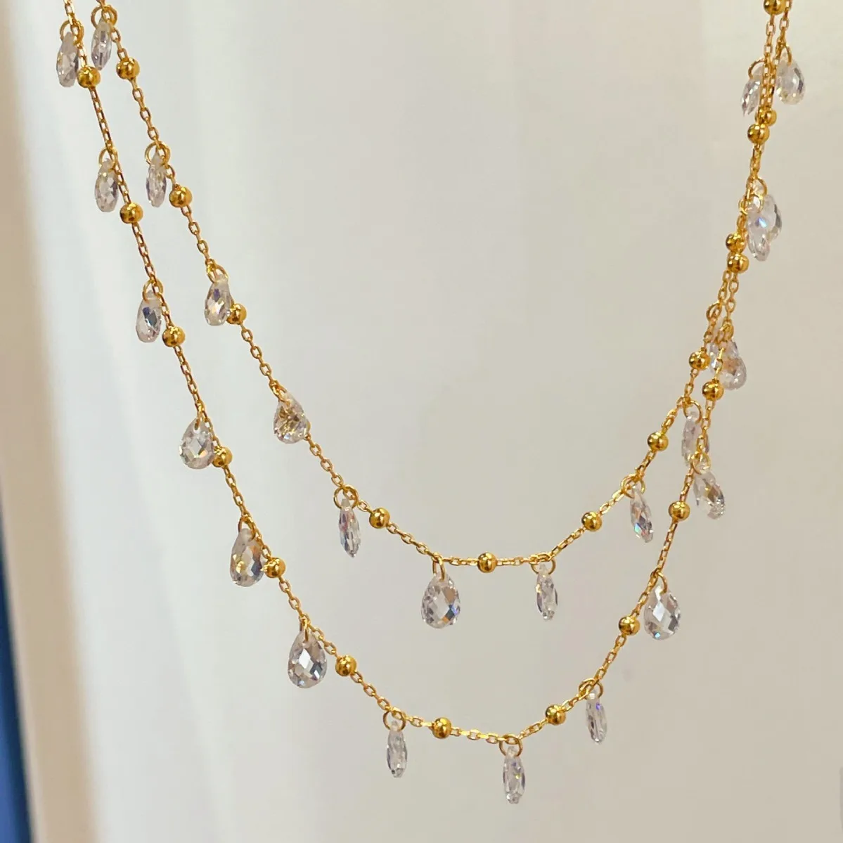 

925 Silver Gold-plated Crystal Necklace Smart High-quality Faceted Crystal Tassel Double-layer Necklace