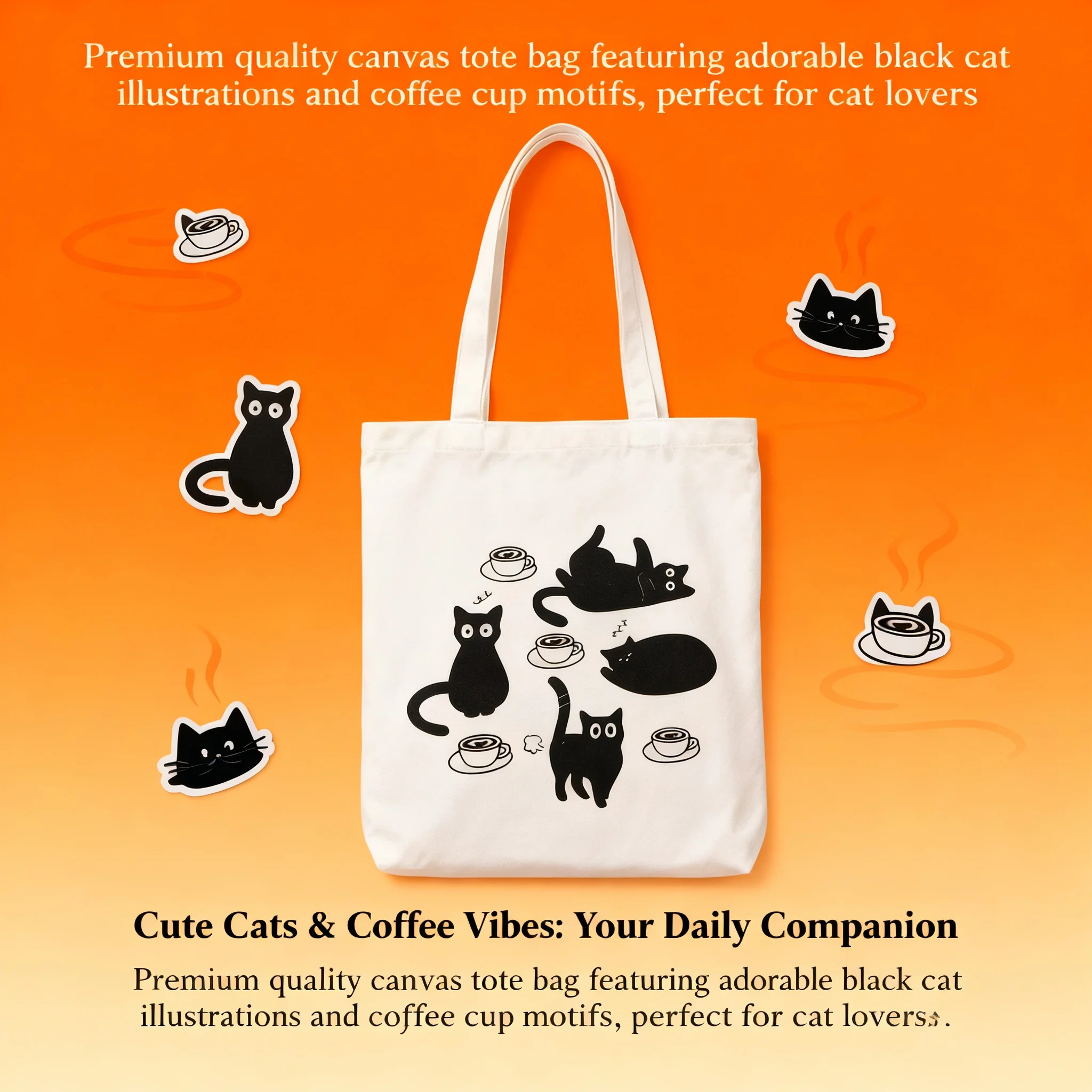 

Black Cat Coffee Canvas Tote Bag Cute Animal Print Foldable Shopping Bag Shoulder Bag Funny Cat Lover Gift for Women Girls