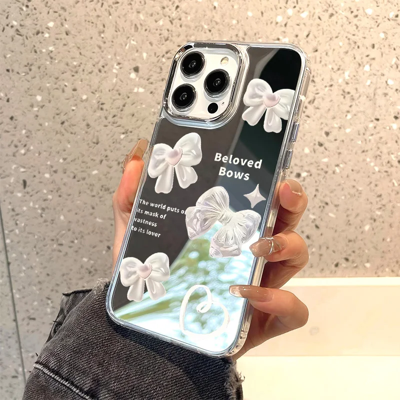 لطيف Bowknot جراب هاتف آيفون 16 15 14 13 12 11 17 برو ماكس XR X XS ماكس الفاخرة تصفيح مرآة لوضع المكياج غطاء ناعم للصدمات