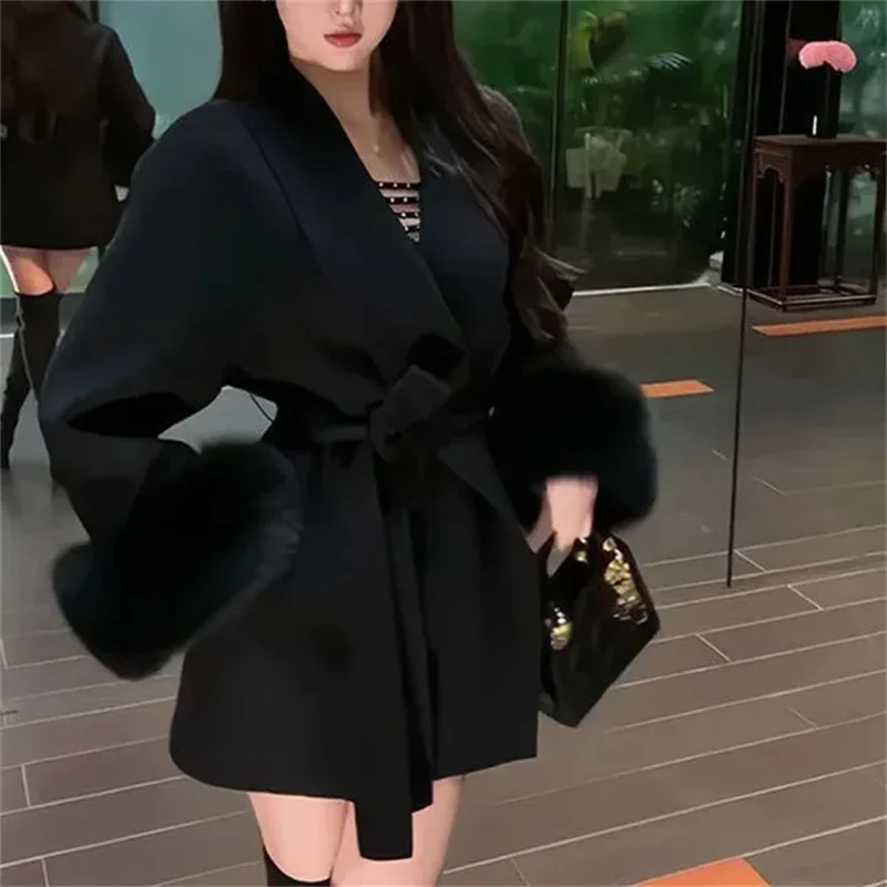 High-End Splicing Short Furry Sleeves Blend Wool Coats with Lace-u Strap Woolen Jacket with Spring and Autumn Long Sleeves Loose