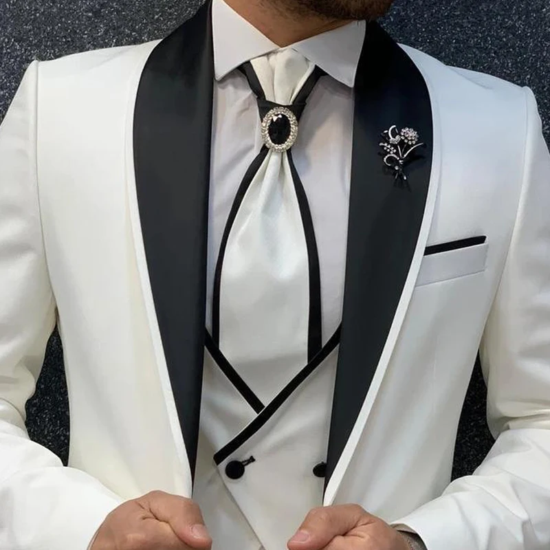 White Slim fit Wedding Tuxedo for Groomsmen 3 piece Men Suits with Black Pants Man Fashion Set Jacket Waistcoat Boyfriend Suit