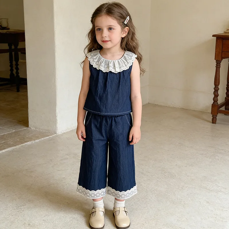 

Girls' Denim Thin Set Summer New Fashionable Lace Vest Two-Piece Set for Baby Girls