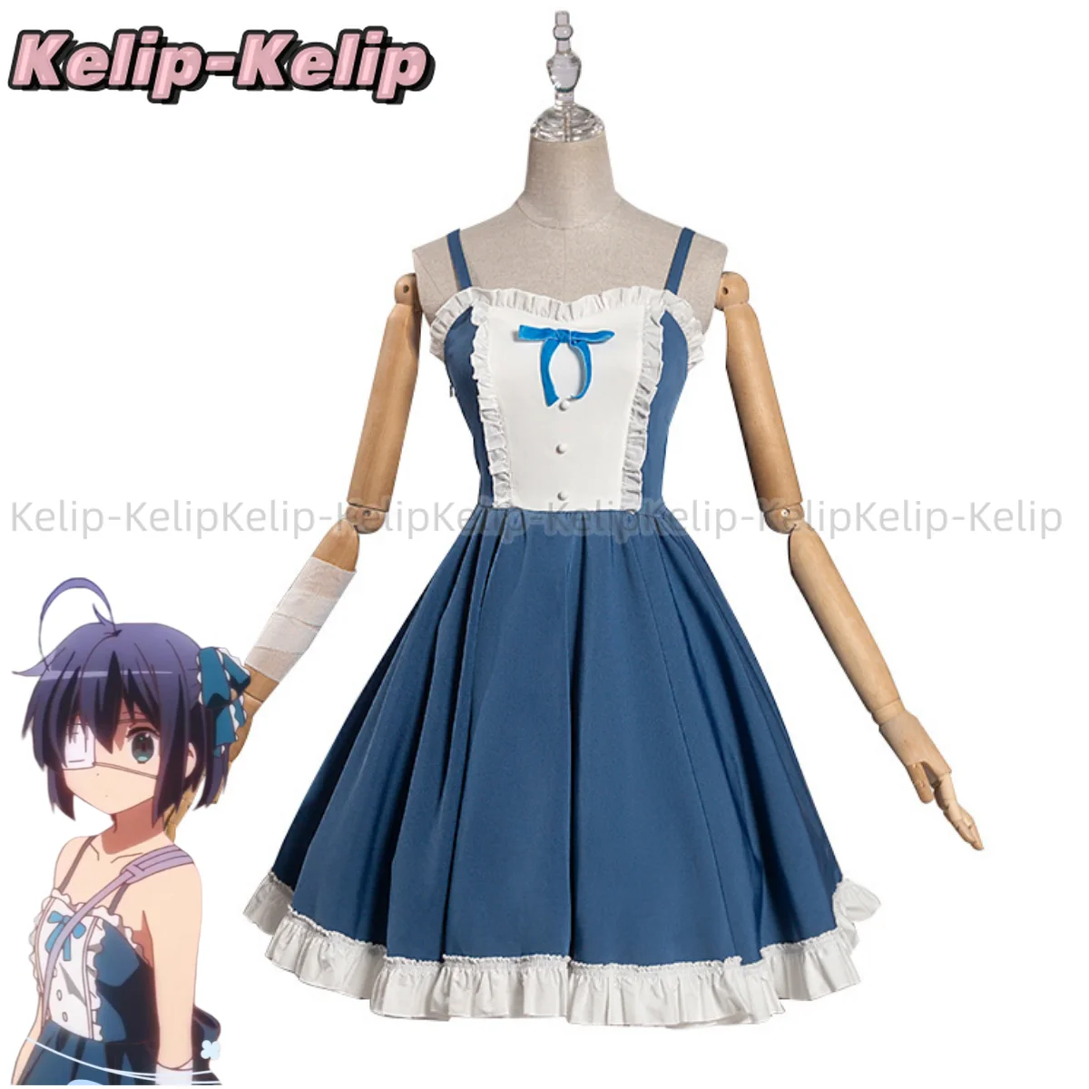 Aangepaste Anime Liefde Chunibyo Andere Wanen Takanashi Rikka Cosplay Kostuum Datum Blauwe Jurk Lolita Pruik Sexy Mooie Carnaval