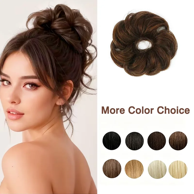 Artificial Messy Bun Human Hair Extension with Elastic Rubber Band Wavy Curly Hair Bun Ponytail Hair Piece Hair Tie for Women