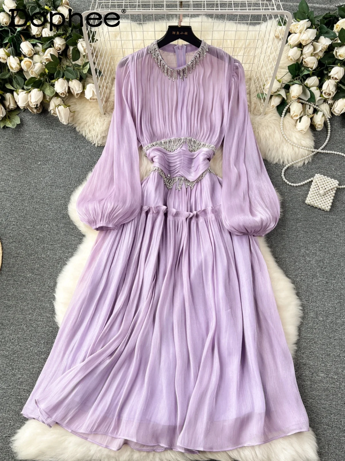 French Style High-Grade Diamond-Embedded Tassel Bright Silk Waist-Tight Long Dress 2024 Spring Lantern Sleeve Dress for Women