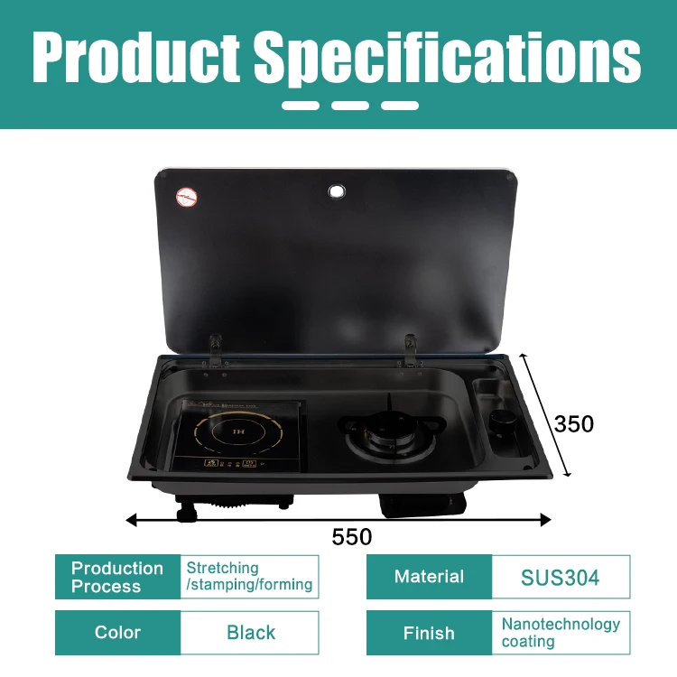 JDA Black Nanotechnology Coating Built-in RV Gas Burner And Induction Cooktop Cooker Combine For Camper Van RV Caravan Motorhome