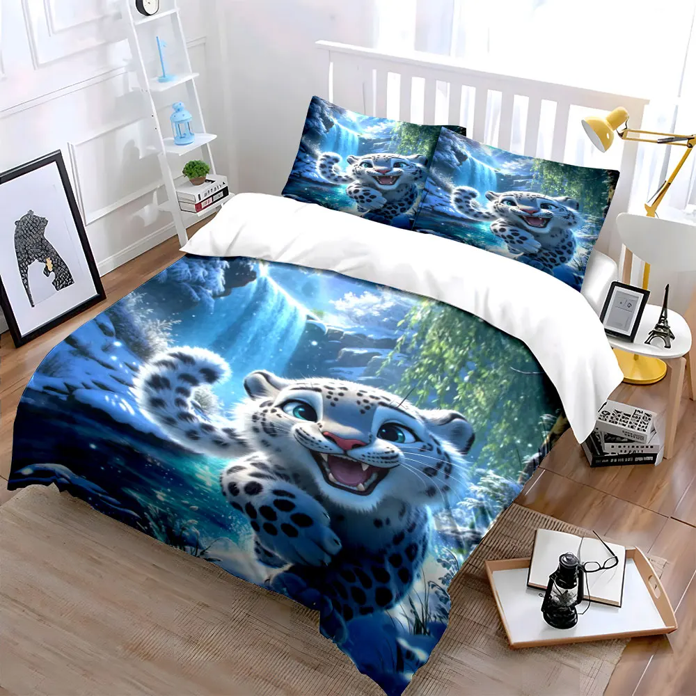 Playful Snow Leopard in Snowy Landscape Print Bedding Set 1 Duvet Cover 2 Pillowcases for Adult and Children Luxury Gift
