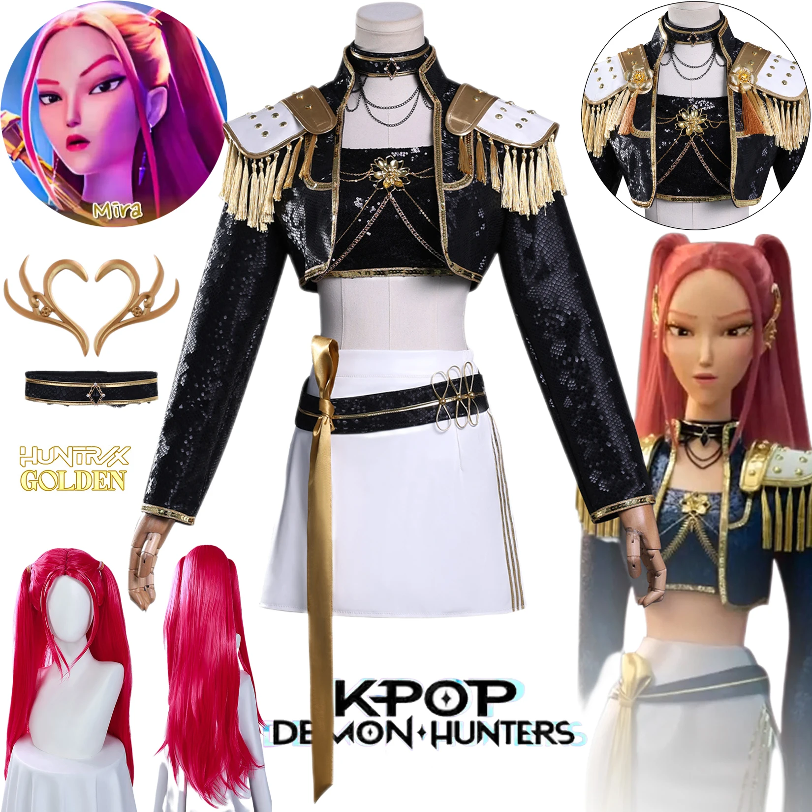 

Kpop Mira Cosplay Costume Wig Huntrix GOLDEN Demon Hunters Outfits Demon Black Full Set Women Clothing Suit Halloween Carnival