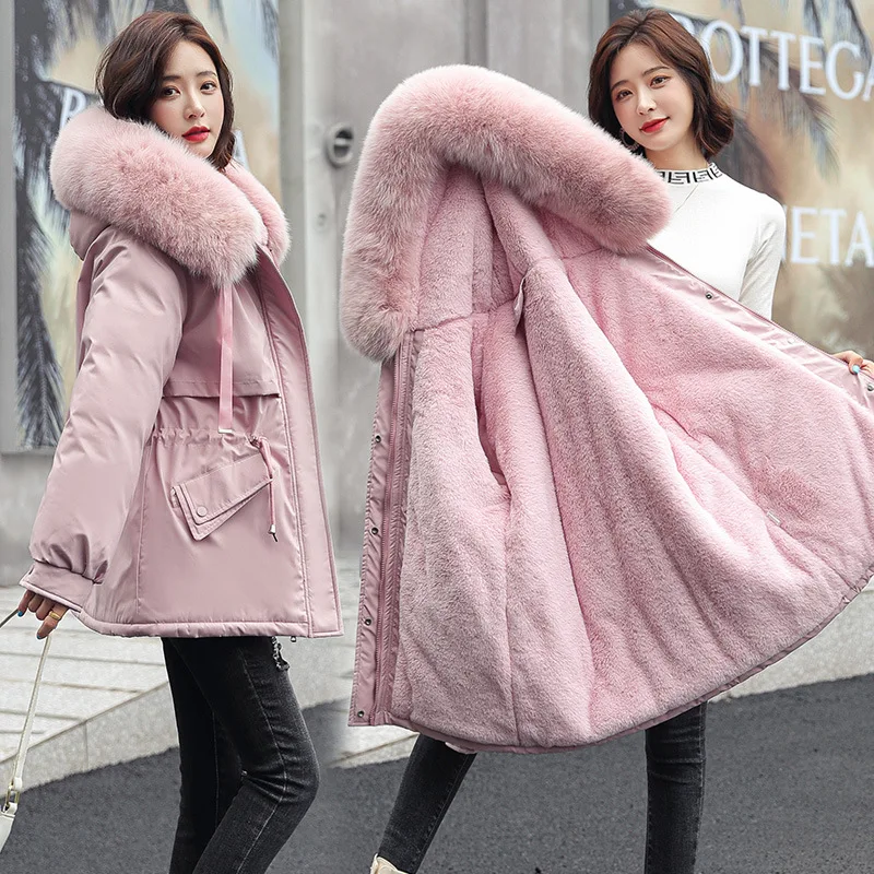 

2025 Winter Women Jacket Coat Parkas Winter Clothes Fur Lining Hooded Mid Long Thicke Warm Cotton Padded Jacket Female Outwear