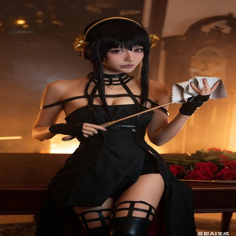 

Семья Шпион X Yor Forger Косплей Костюм Готический Холтер Черное Платье Кожаные Чулки Наряд Йор Серьги Женская Одежда Для Комиксов C