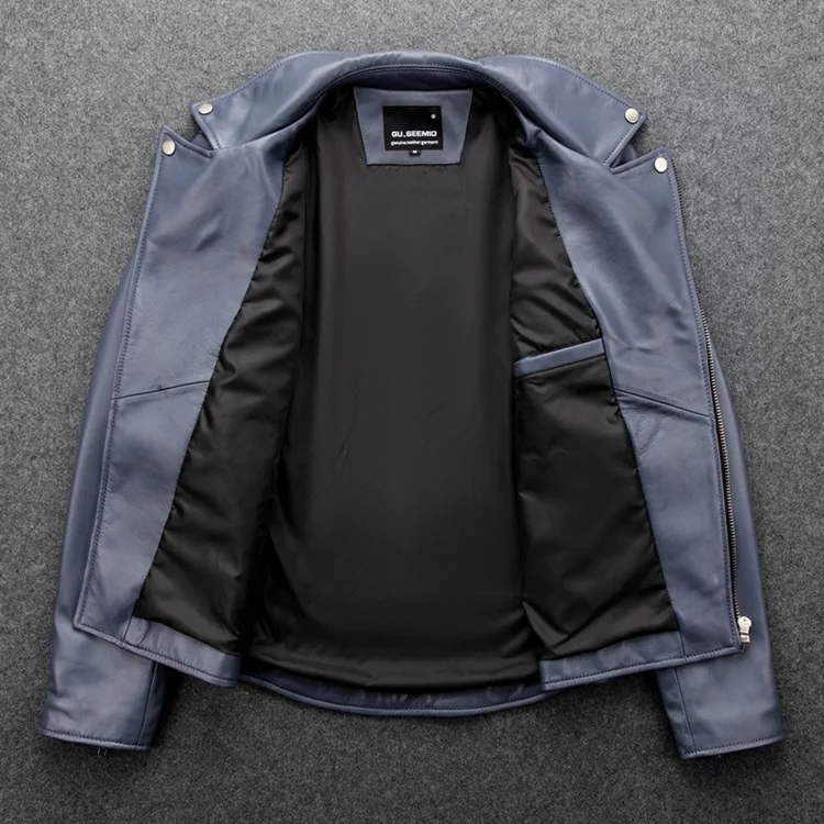 slim blue Free shipping.Men genuine leather jacket.Cool motor biker soft sheepskin leather cloth.quality leather coat.가죽 재킷