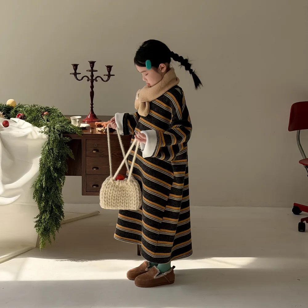 Children's Sweater Dress 2025 Winter Korean Lazy Wind Contrast Striped Baby Girl's Dress Children's Sweater Skirts