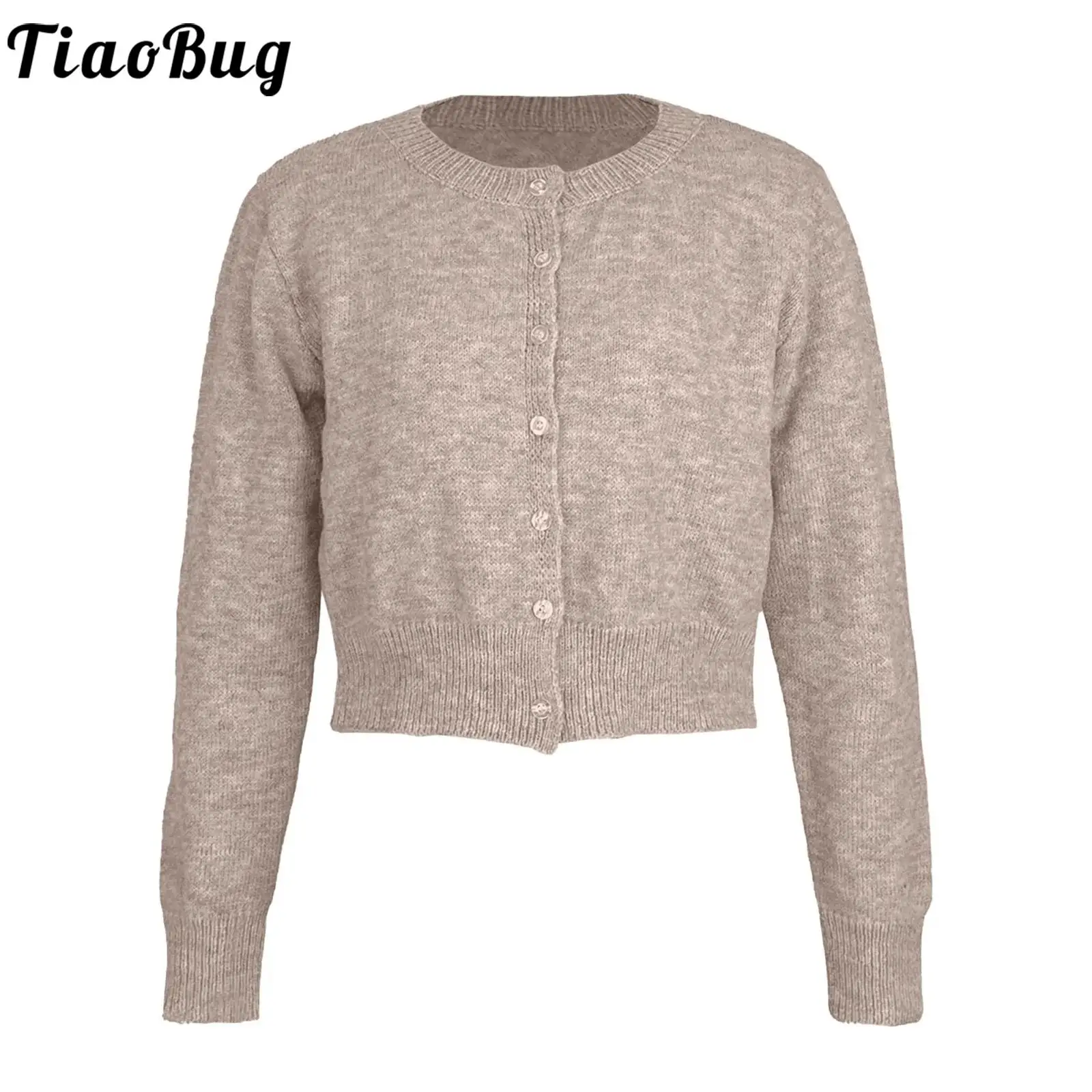 

Womens Crew Neck Knitted Cropped Cardigan Long Sleeve Front Button-down Sweaters Outerwear for Daily Casual Office School