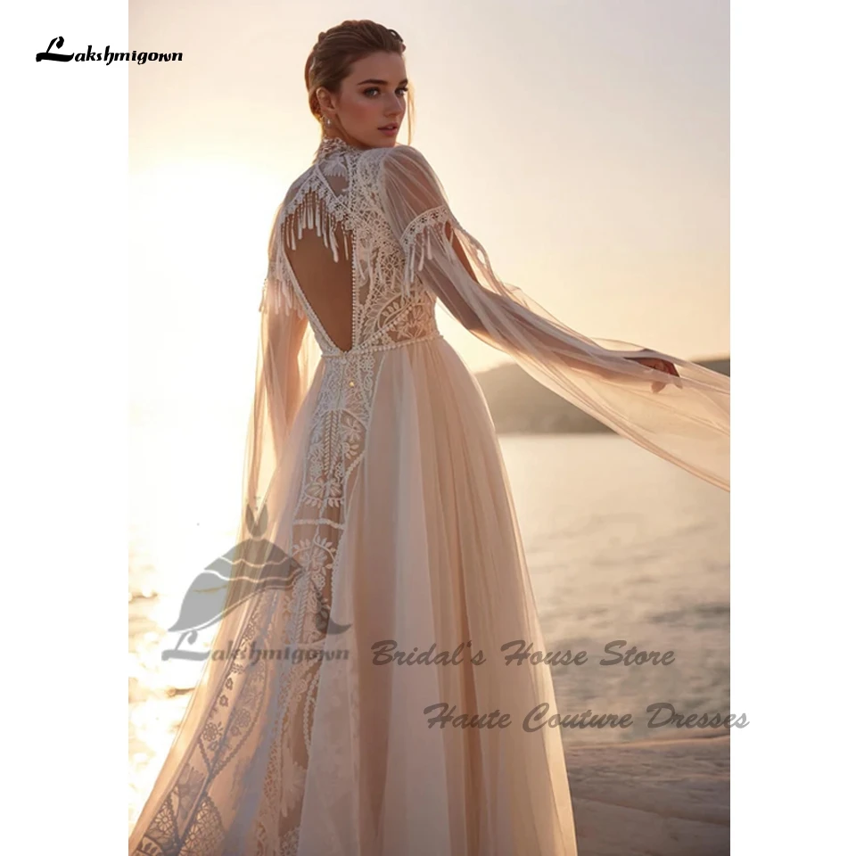 Lakshmigown Luxuriöse Spitzen-Boho-Hochzeitskleider 2026 Vestidos Civil Flare Langarm Strand-Brautkleider mit tiefem V-Ausschnitt, maßgeschneidert – Detail 7