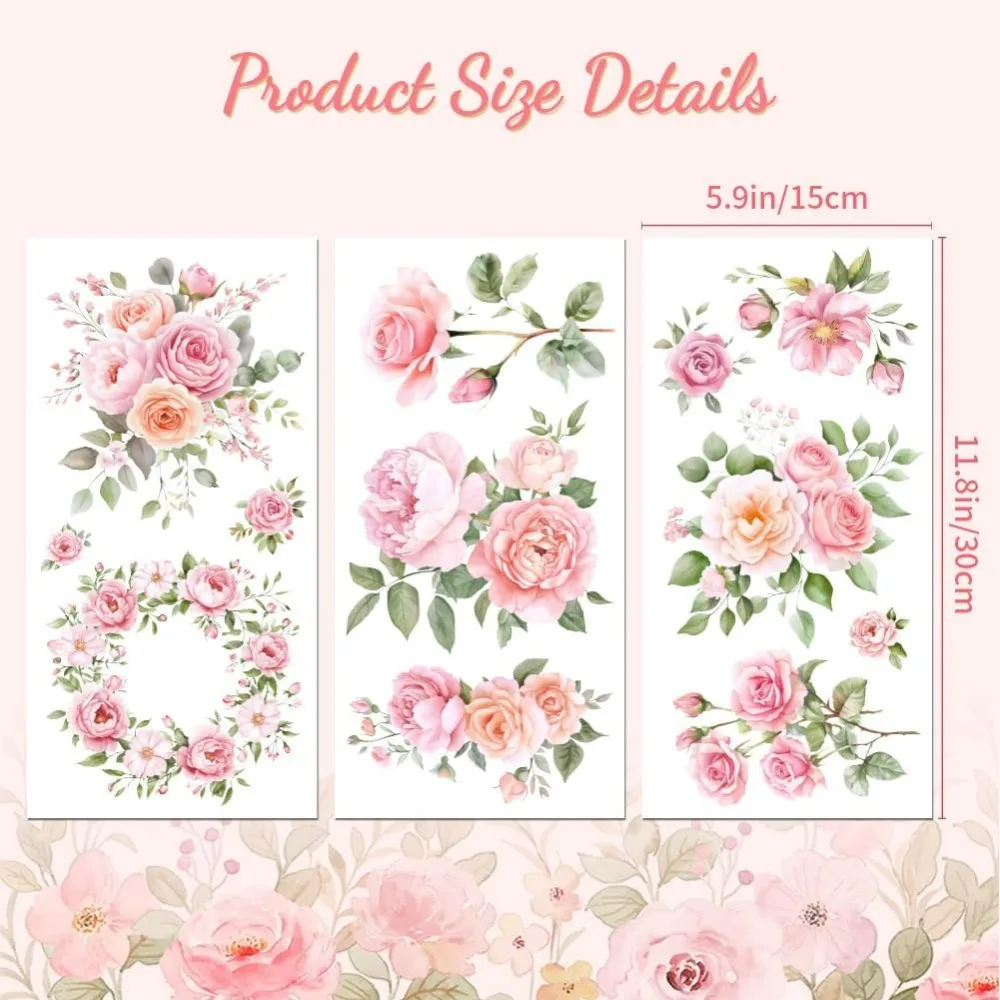 Rub on Transfer Sticker for Furniture Crafts Decor 6 x12 Pink Flowers 3Pcs Waterproof UV DTF Transfer Sticker for Lingerie