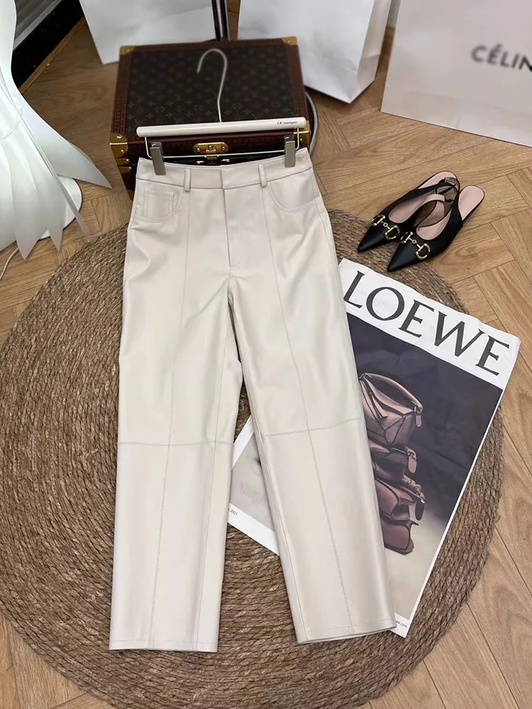 Women Pants Elegant 2024 New Fashion High Waist Genuine Leather Trousers Women Streetwear Luxury Designer