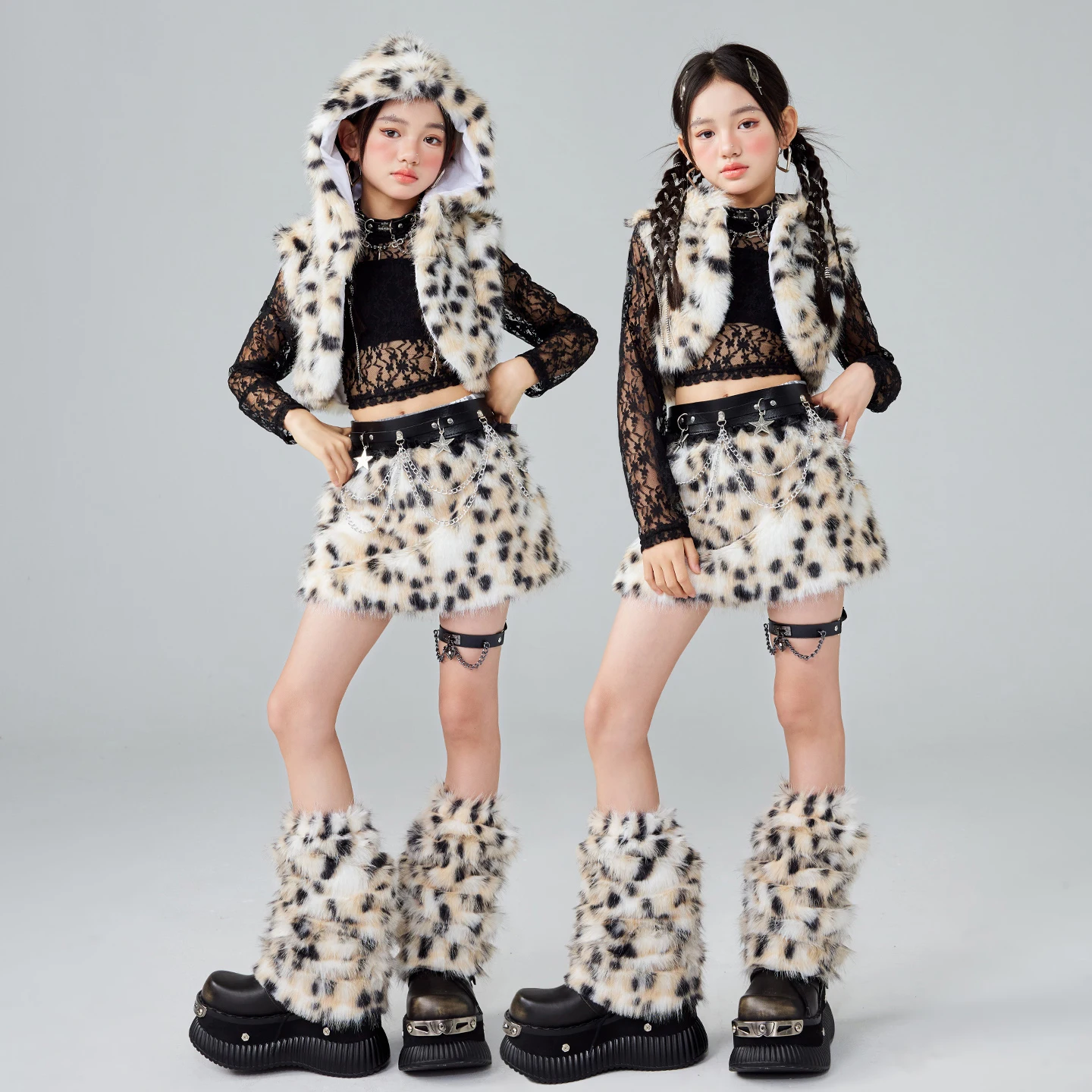 어린이 재즈 댄스 의상 소녀 레오파드 힙합 댄스 공연 의상 어린이 볼룸 댄스 의류 레이브 착용 XS10746