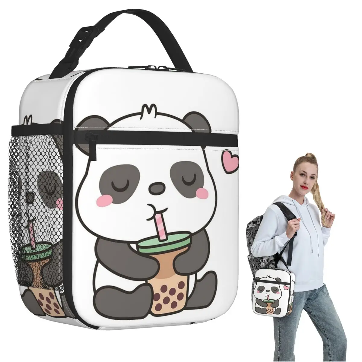 Cute Little Panda Enjoying Boba T Insulated Lunch Bag for Women Children Portable Food Boxes Thermal Lunch Box Tote