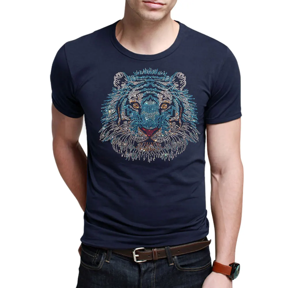 Men\'s Brilliant Tiger Diamond T-Shirt For Men Cotton Short Sleeve Rhinestone 3D Print T Shirts Tops Tee Fashion Man Clothes