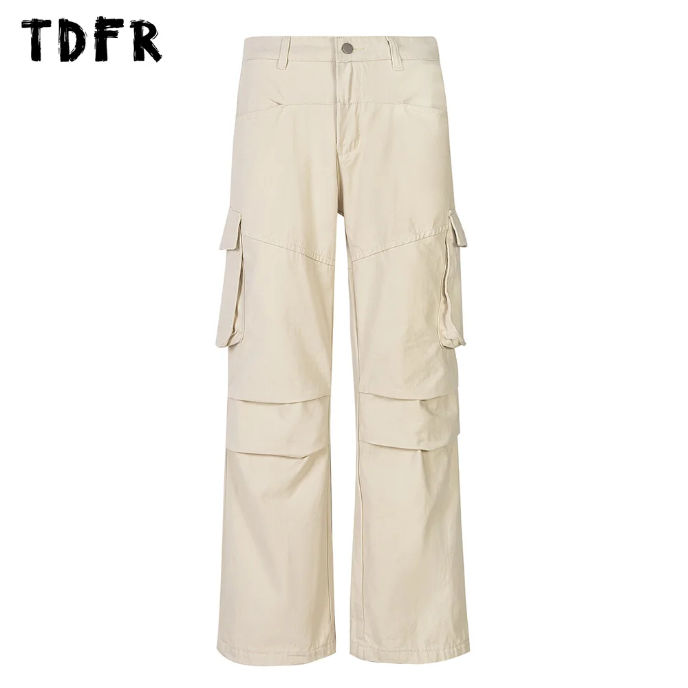 Multi-Pocket Cargo Pants Mens Autumn Solid Color Pleated Straight Loose Wide Leg Zipper Fly Trousers Men