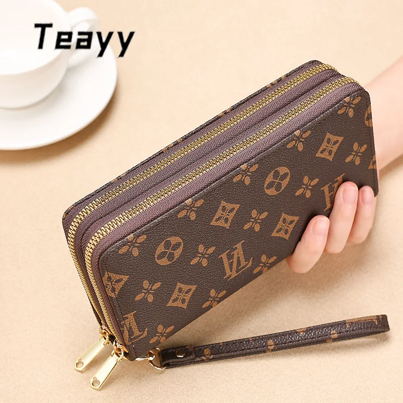 Cartera larga para mujer, cremallera de doble capa de cuero PU, almacenamiento para teléfono móvil de gran capacidad, cartera multifuncional con cordón para muñeca