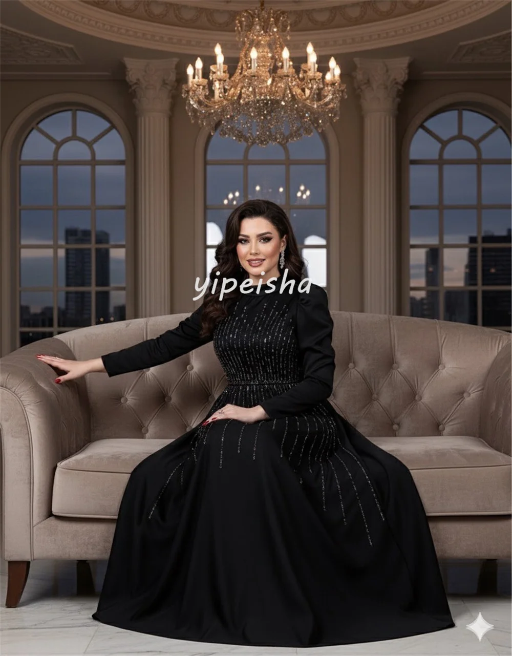 Sukienki midi w kształcie litery A z wysokim kołnierzem, z plisami, zdobione koralikami i cekinami, szyte na miarę, klasyczne, wysokiej jakości, dostępne różne rozmiary, sukienki wieczorowe.