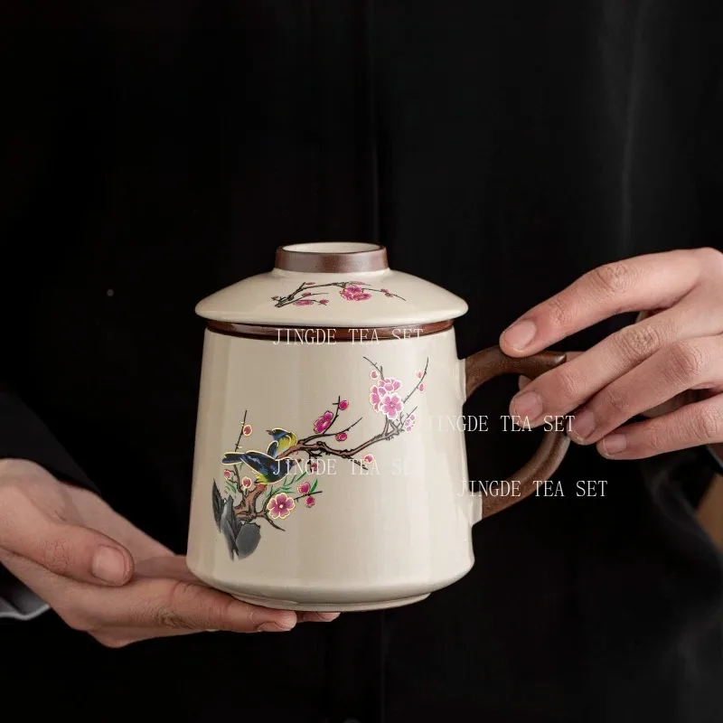 500ml Retro Ceramic Tea Mug With Removable Tea Filter Lid Magpie Plum Blossom Mountain Scenery Office Porcelain Teacup