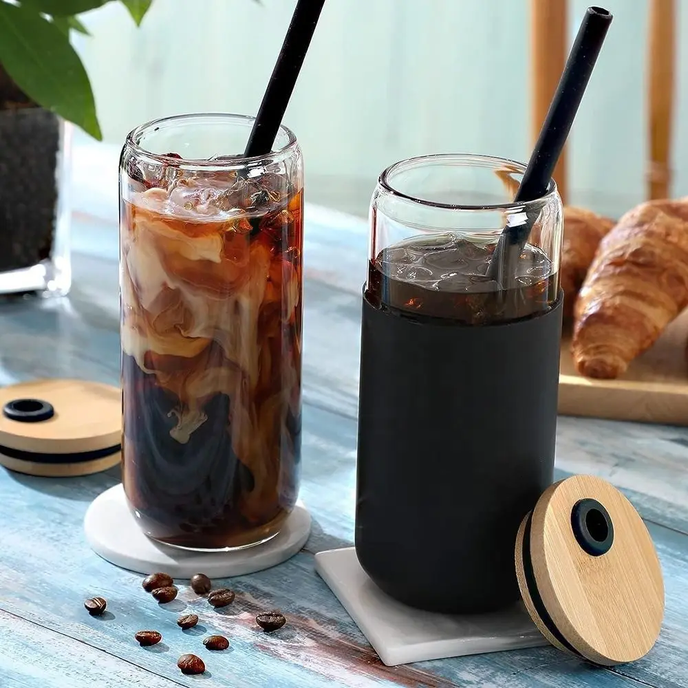 

Silicone Glass Cup With Lid and Straw withProtective Sleeve Bamboo Lid Milk Mocha Cups 4 Colors Non Slip Breakfast Mug Boba Tea