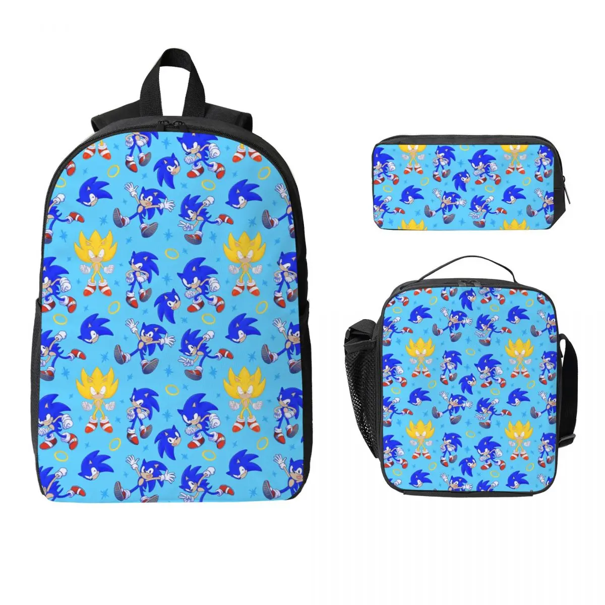 

S O N I C Backpack Boys Girls BookBag School Bag Laptop Shoulder Bags 3ps Insulated Lunch Bag Pencil Case