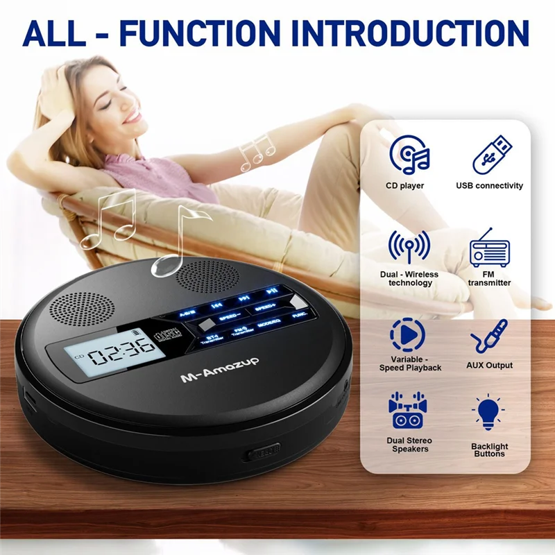 

-ABGQ Multifunctional Discman CD Player Featuring Bluetooth,FM Headphones,Repeater Learning Machine,USB Stereo Speaker Black