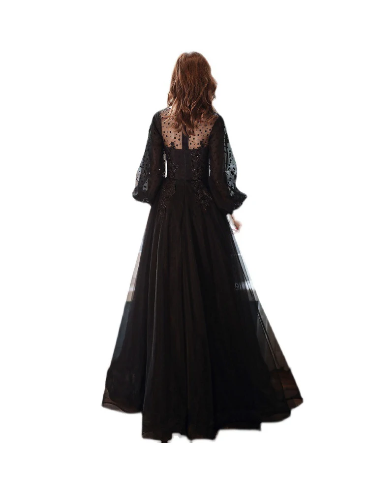 Elegant Black Long Sleeve Evening Dresses Luxury Appliques A-Line Floor-Length Tulle Women Prom Gowns 2022