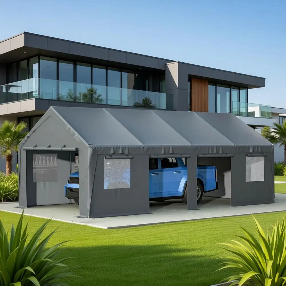 

25x13ft Durable Outdoor Storage Shed with 4 Roll-up Doors, 4 Windows, UV & Waterproof Cover for Cars, Trucks, Boats