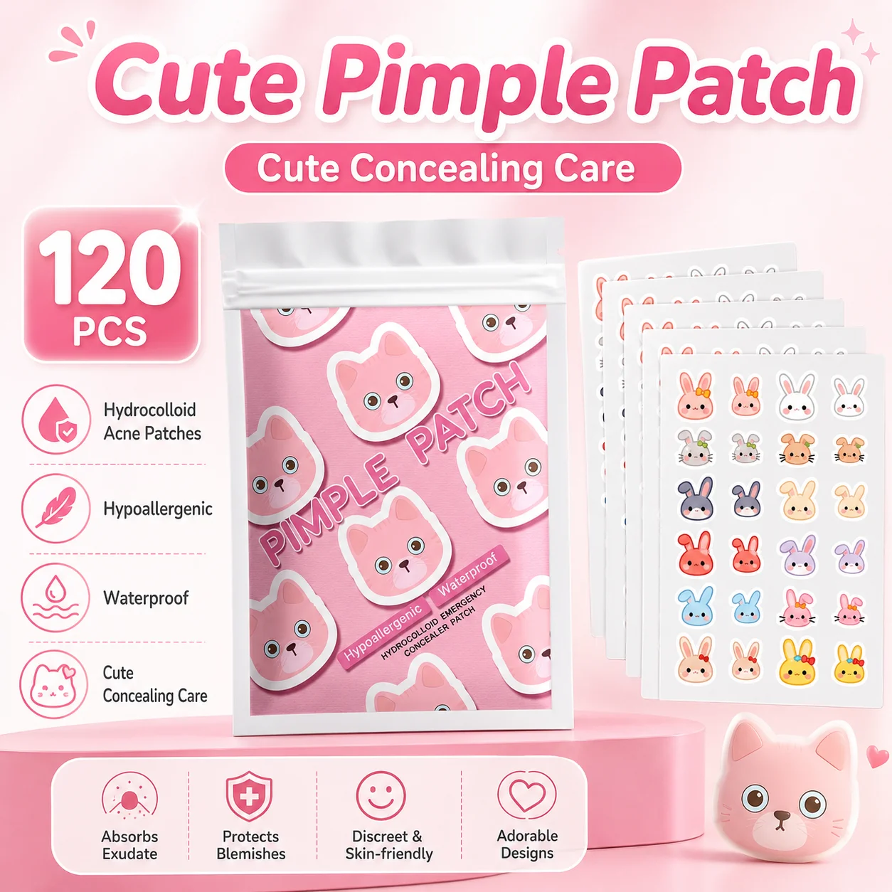 120pcs Cartoon acne patch, cute cat-shaped facial concealer acne patch, safe, non-toxic, gentle and non-irritating, suitable for