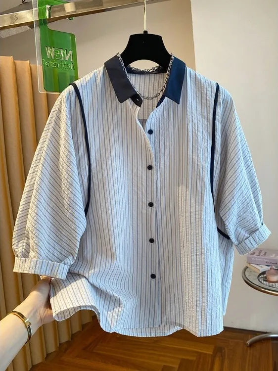 

Casual Stripe irt Thin Five-Quarter Sve Flip-Collar All-Match Large Size Women's Faion Top Quali Cotton Polyester