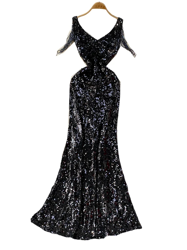 우아한 v 넥 스팽글 드레스 여성 하이 웨이스트 a 라인 스커트 민소매 반짝 이는 패브릭 여름 통근 공식 행사 드레스