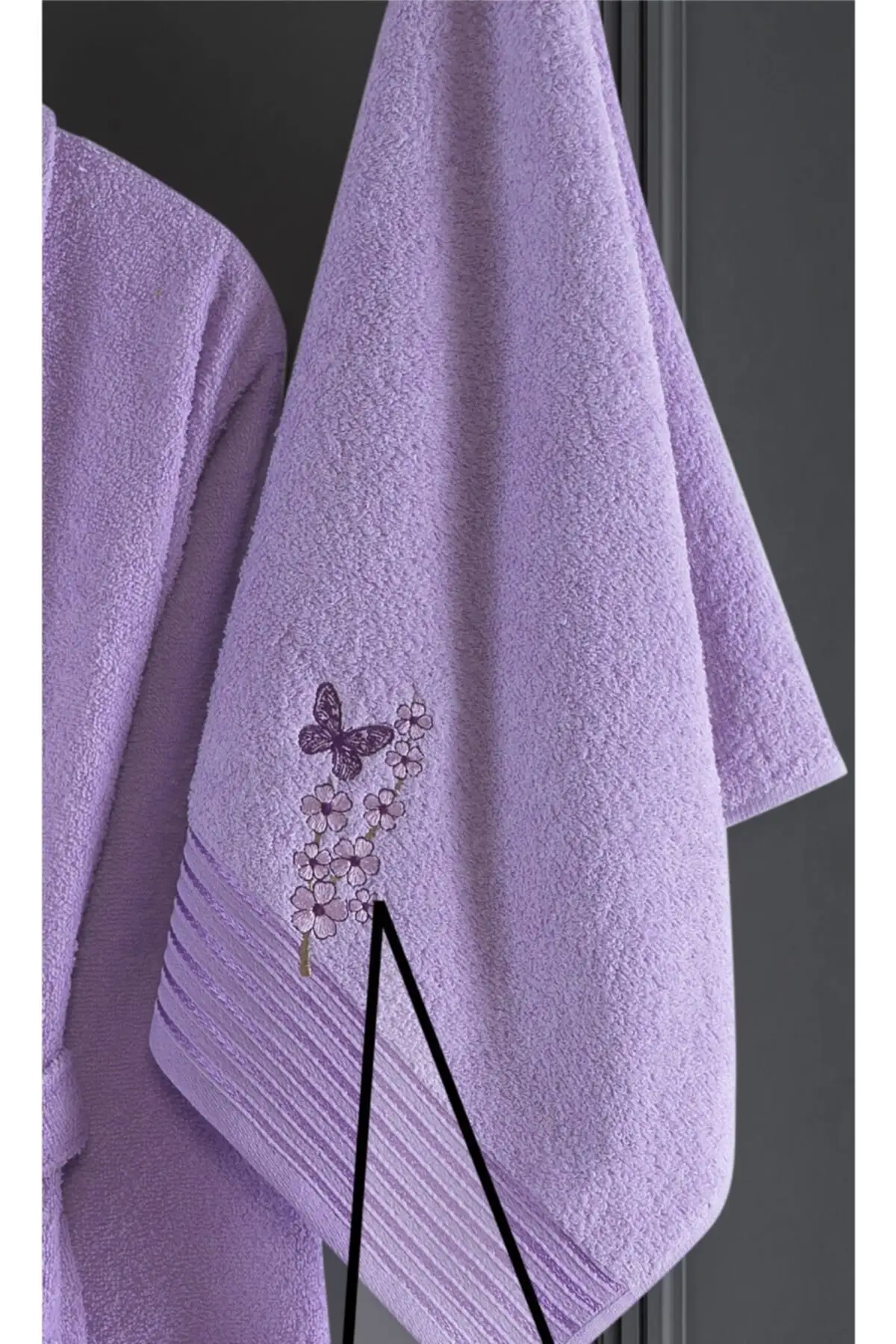 Lilac Colored Antibacterial Women Embroidered Cotton 2-Piece Bathrobe Set 1pc Embroidered Bathrobe 1pc 50x90 cm