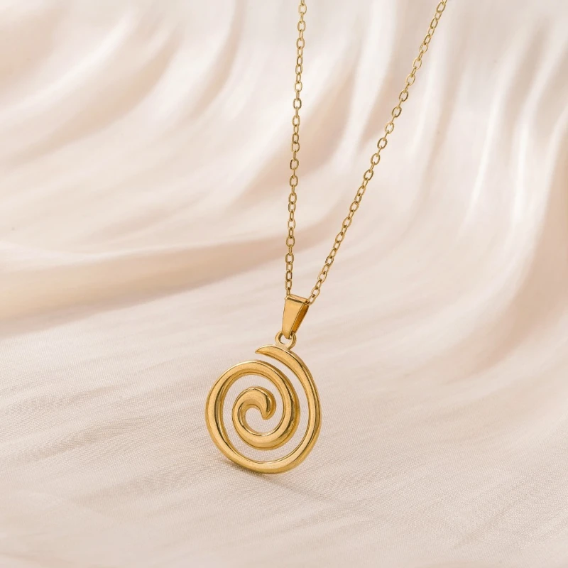 3D Solid Spiral Swirl Pendant Thin O Link Chain 316 Stainless Steel Gold Silver Two-tone Minimal Geometric Vortex Choker Necklac