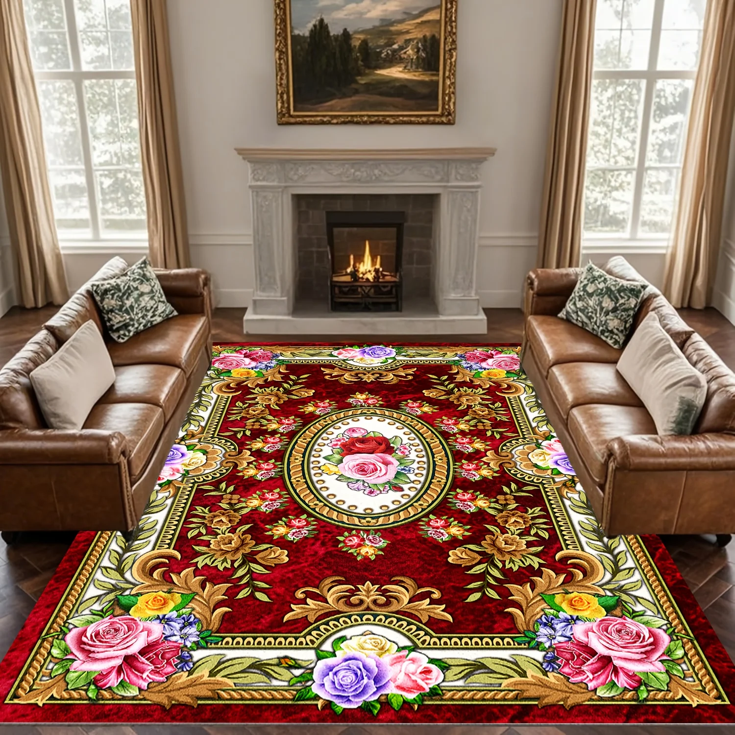 Luxury Rose Flannel Area Rug Vintage Florals Pattern Soft Non Slip Large Floor Carpet For Living Room Bedroom Decor Floor Mat