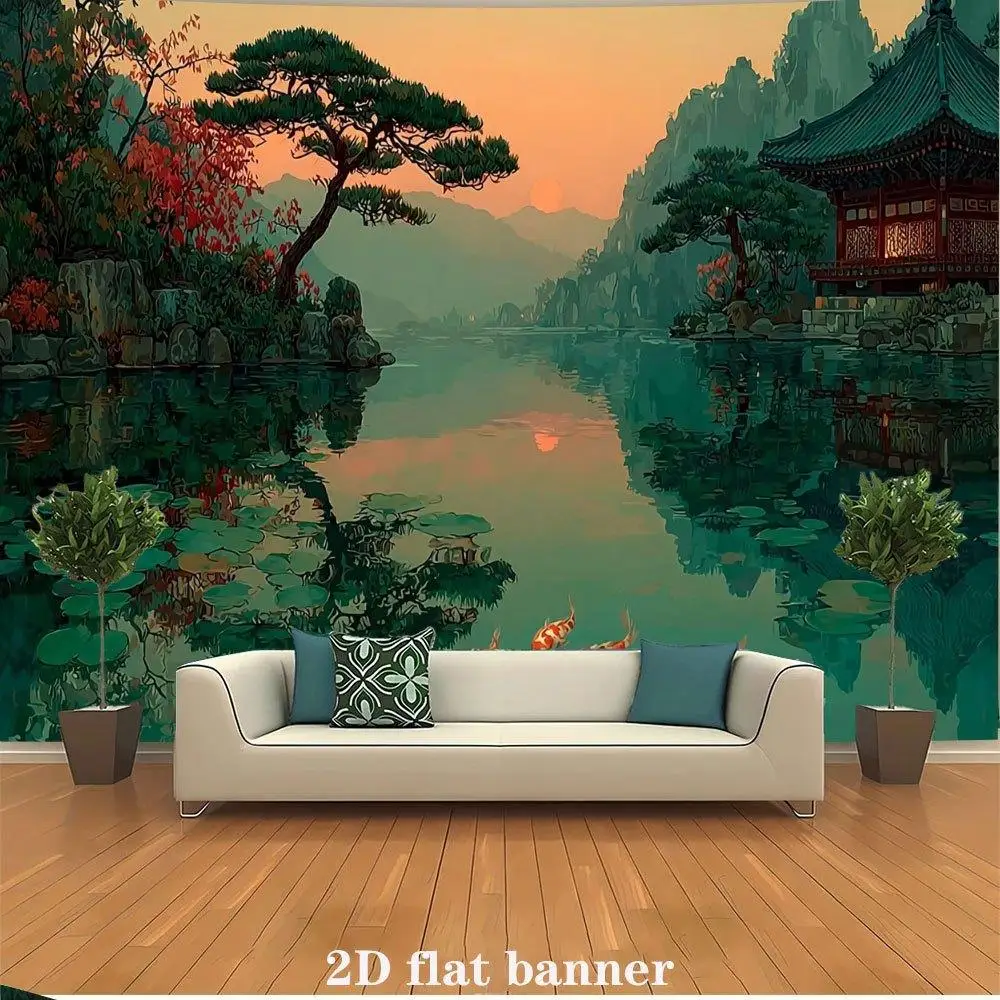 Polyester Tapestry Wall Mural Chinese Landscape Backdrop Decoration Asian Zen Pagoda Mountain Lake Art Print for Home Room Decor