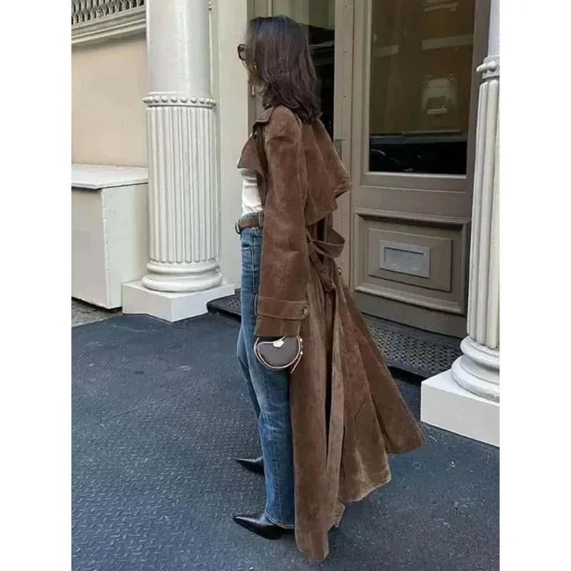 Elegant Brown Belted Waist Long Coat Double Breasted High Street Autumn Fashion Full Sleeve Outwear Female Retro Jacket