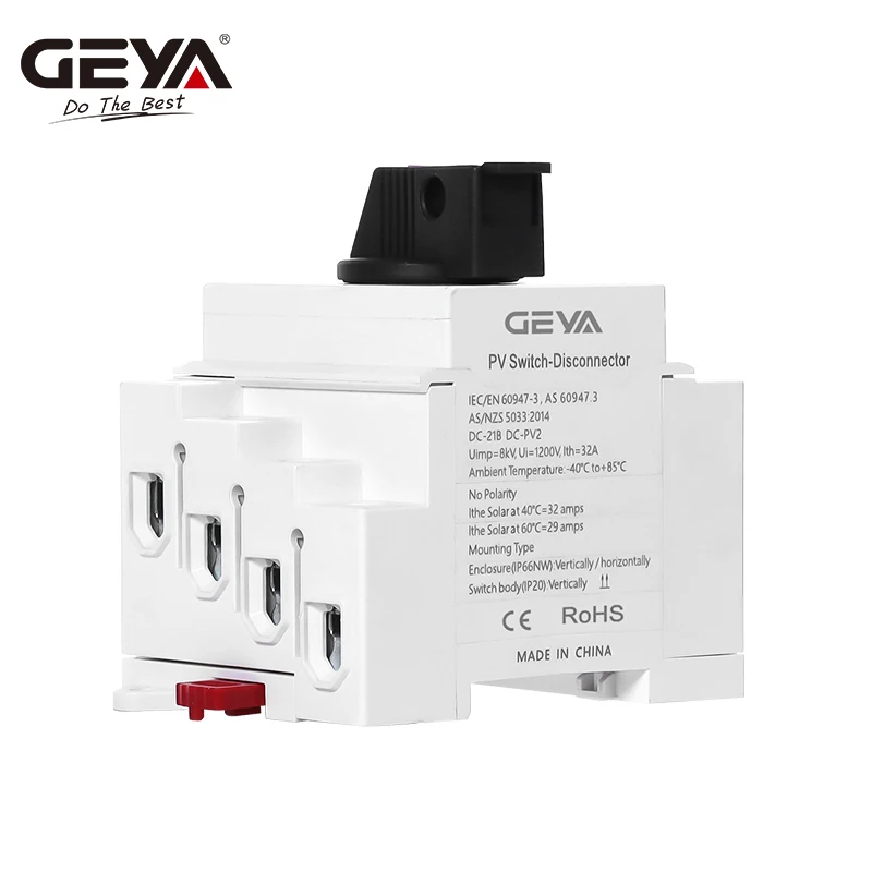 GEYA DB32R DC Solar Isolator Switch PV Disconnector 1200VDC 32A 4P Din Rail Rotating Handle Solar Isolating Switch