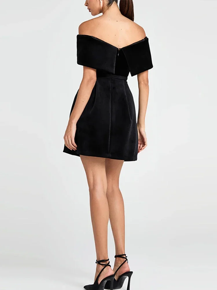 Fashion Velvet Slash Neck Mini Dress Women Off Shoulder High Waist Belt A-Line Dresses 2025 New Elegant Lady Evening Party Robes