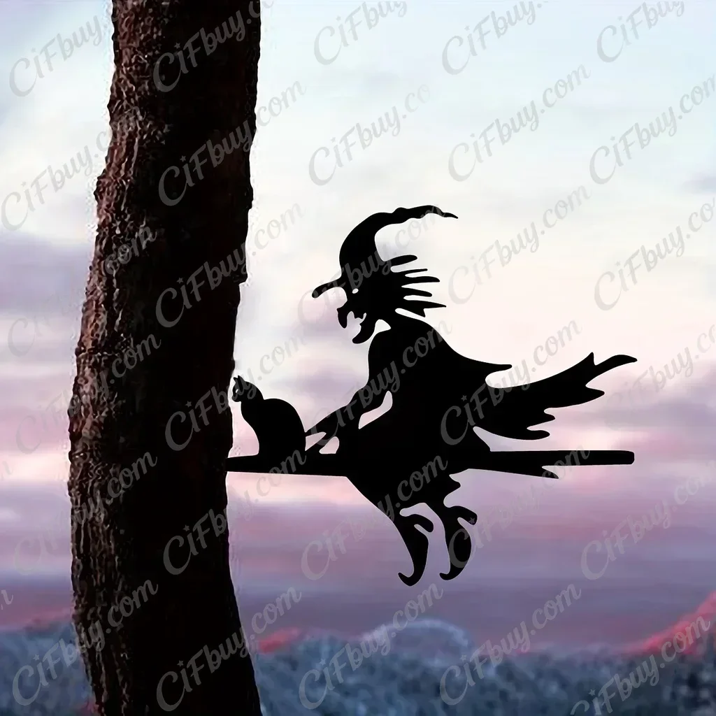 CIFBUY Witch Cat On Branch Metal Wall Art Aluminum Silhouette Hanging Sculpture For Home Garden Yard Patio Outdoor Decor Gift