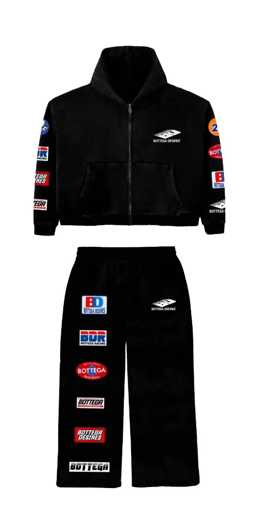 

Black trendy patterned hip-hop sportswear set Y2K hooded zipper top with brand logo print and multiple badges streetwear fashion
