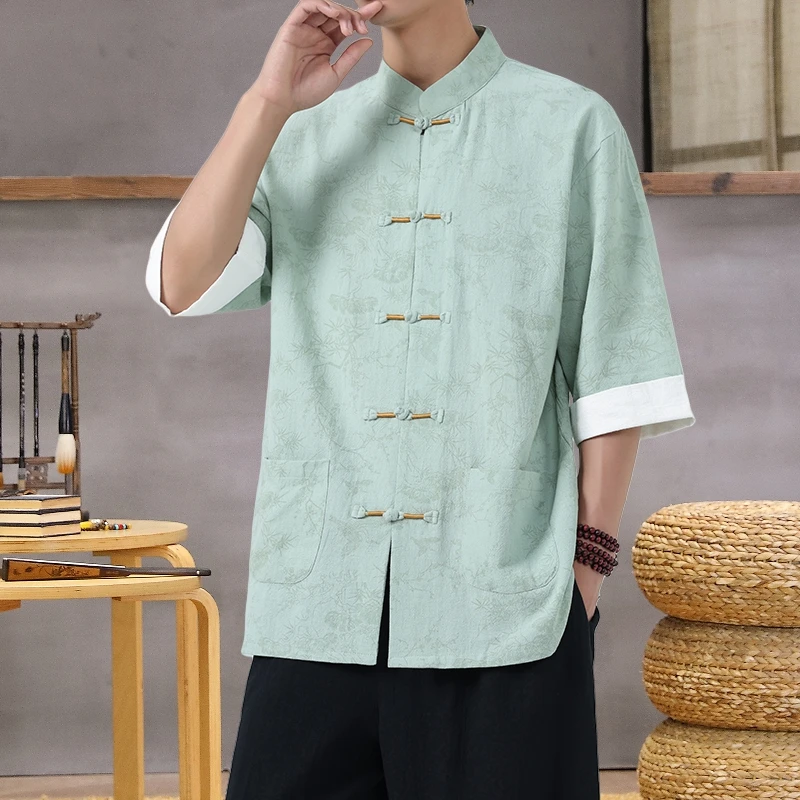 

Men's Summer Chinese Style Printed Shirt - Lightweight Mandarin Collar Top with Oriental Design for Casual & Cultural Wear M-5XL