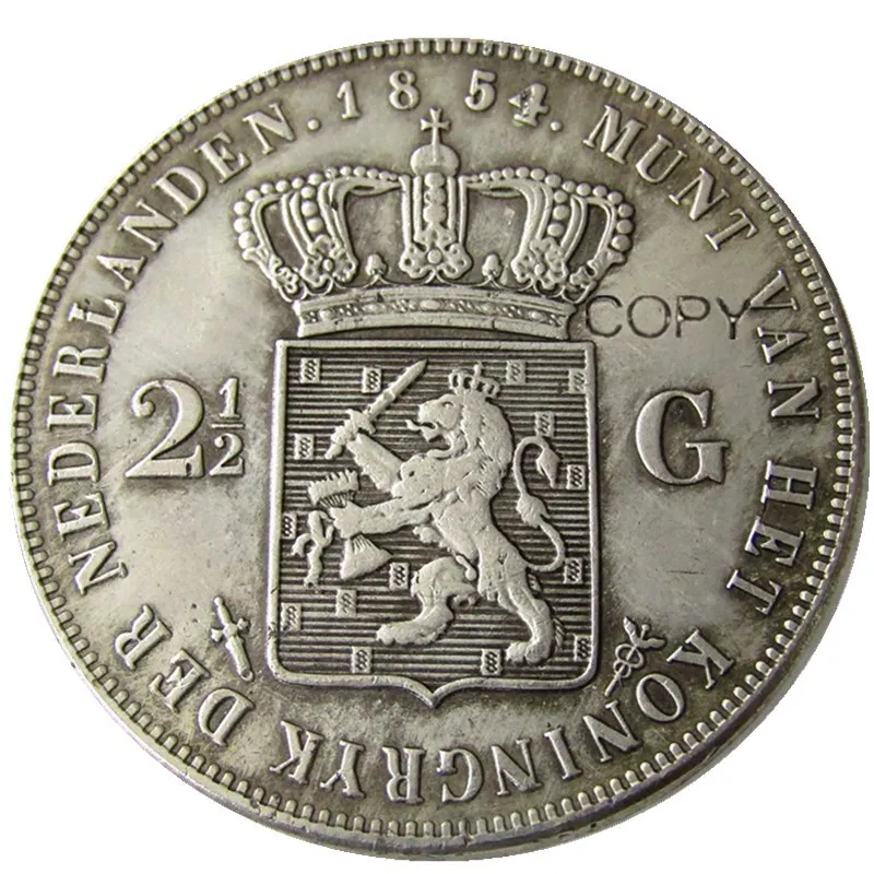 Netherlands,1854 2 1/2 Gulden Willem lll Silver Plated Copy Decorative Coin